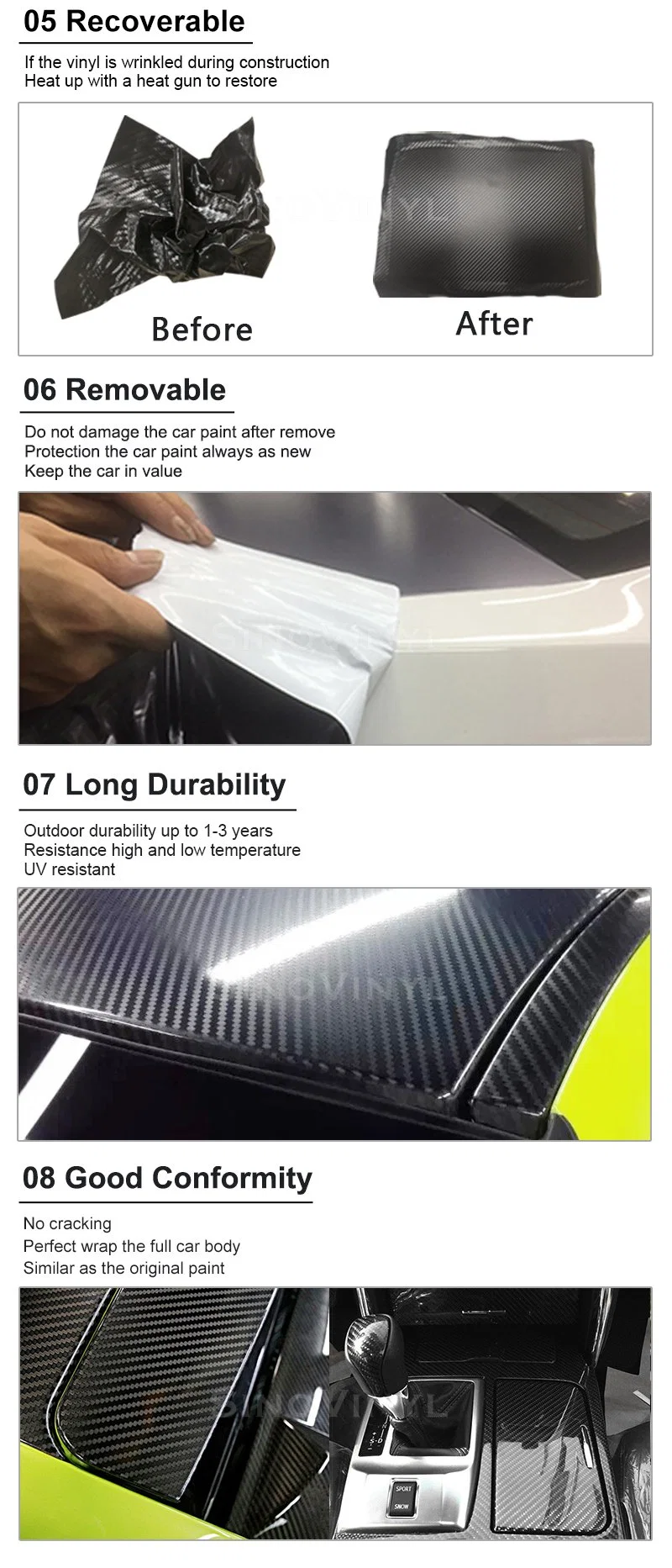 SINOVINYL Wholesale Price Super Gloss Car Film Auto Wrap 2D 3D 4D 5D 6D Carbon Fiber Vinyl Sticker